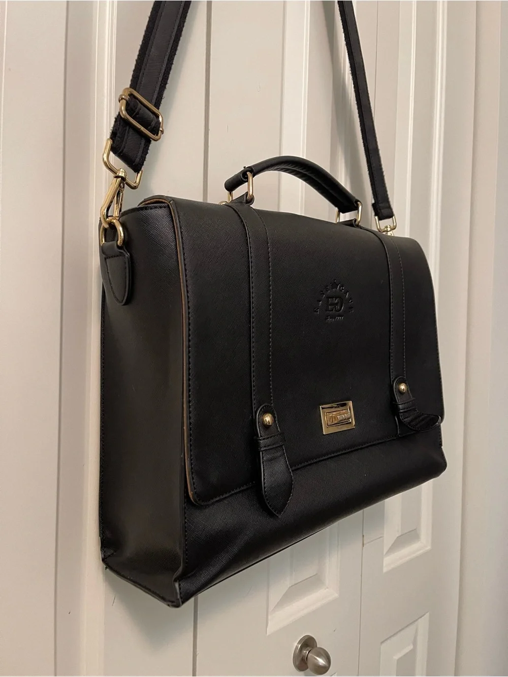 Black Faux Leather Briefcase Messenger Bag with Strap